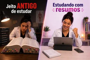 Comparação: jeito antigo de estudar vs. estudando com resumos